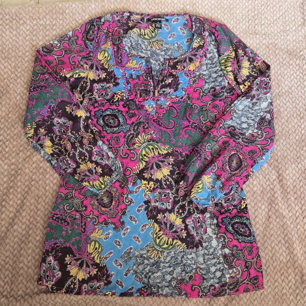 Lucky Brand XS Boho Paisley Floral Cotton Peasant Top Pink Blue - Picture 6 of 13